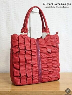 Michael Rome Designs Red Ruffled Leather Tote Bag Made in Italy Concho HW